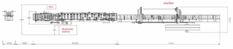 Schematic diagram of the PLC adjustment CZ purlin making machine, showing labeled components including PLC, hydraulic station, and stacker, with dimensional annotations along the production line layout.